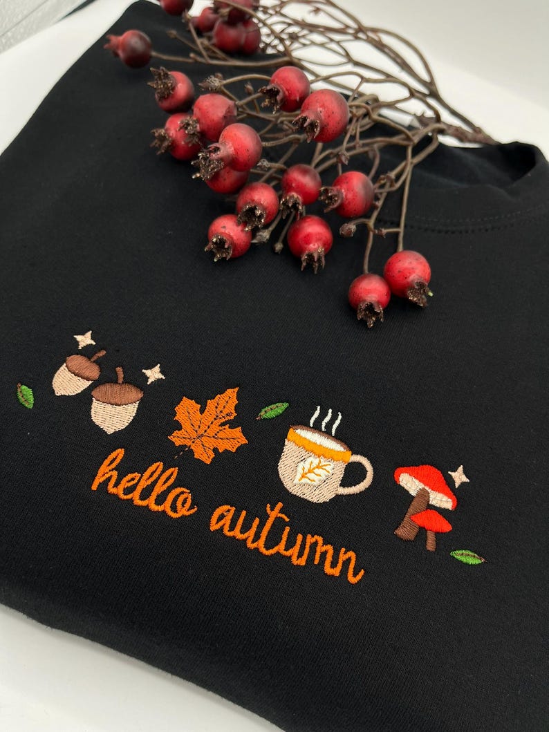 Cozy "Hello Autumn" Embroidered Falling Leaves Sweatshirt Hoodie