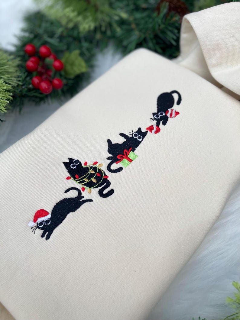 Black Cat Christmas Embroidered Sweatshirt Hoodie