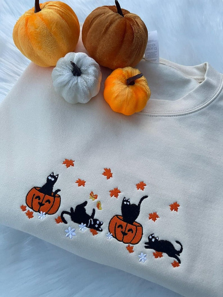 Halloween Black Cat Embroidered Sweatshirt