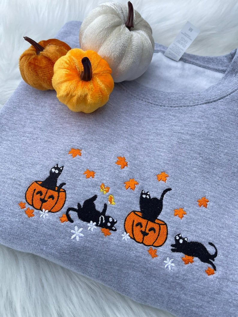 Halloween Black Cat Embroidered Sweatshirt