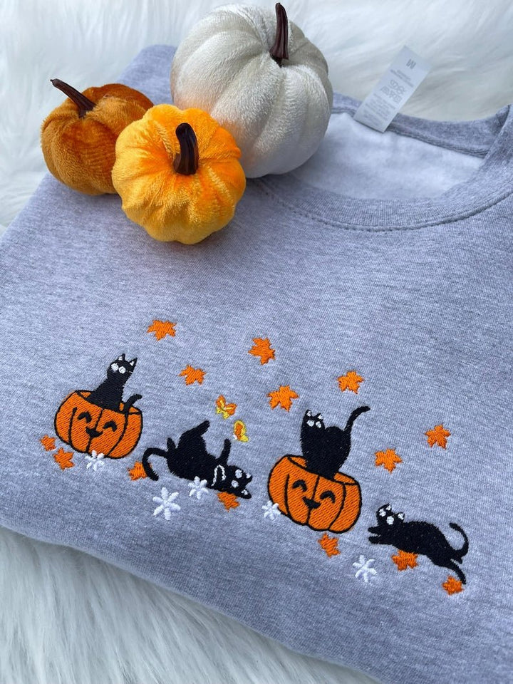 Halloween Black Cat Embroidered Sweatshirt