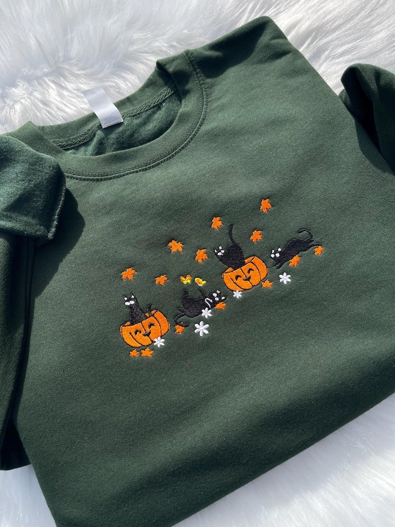 Halloween Black Cat Embroidered Sweatshirt