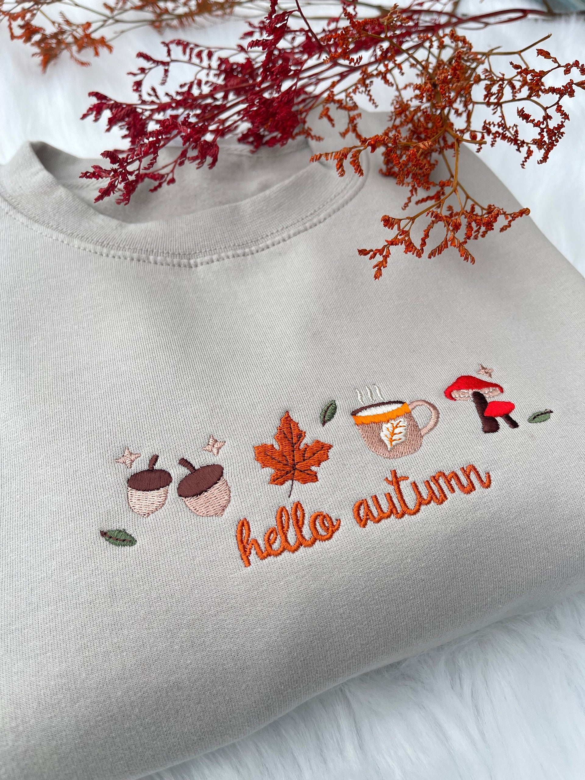 Hello Autumn Cozy Embroidered Falling Leaves Embroidered Sweatshirt