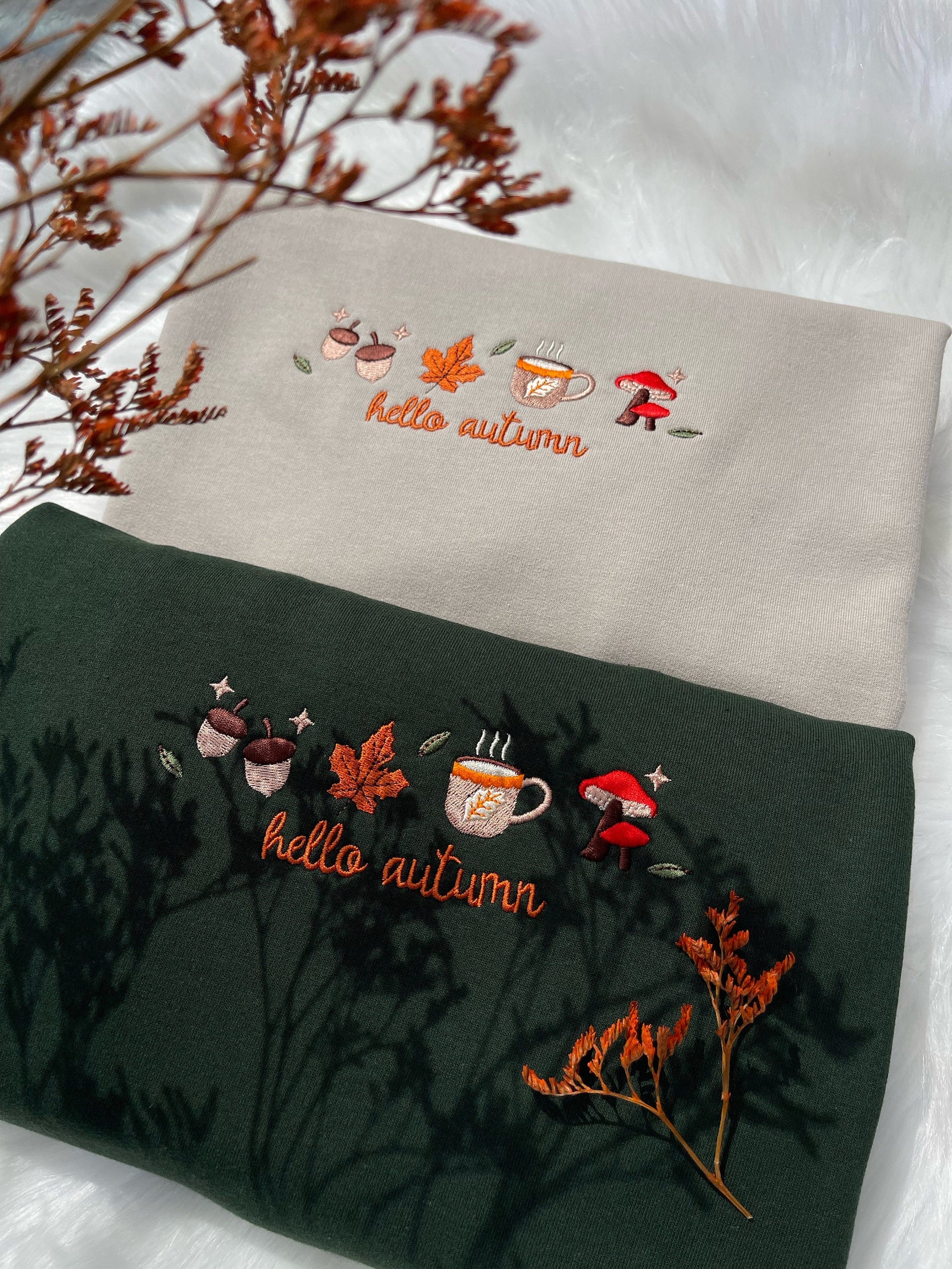 Hello Autumn Cozy Embroidered Falling Leaves Embroidered Sweatshirt