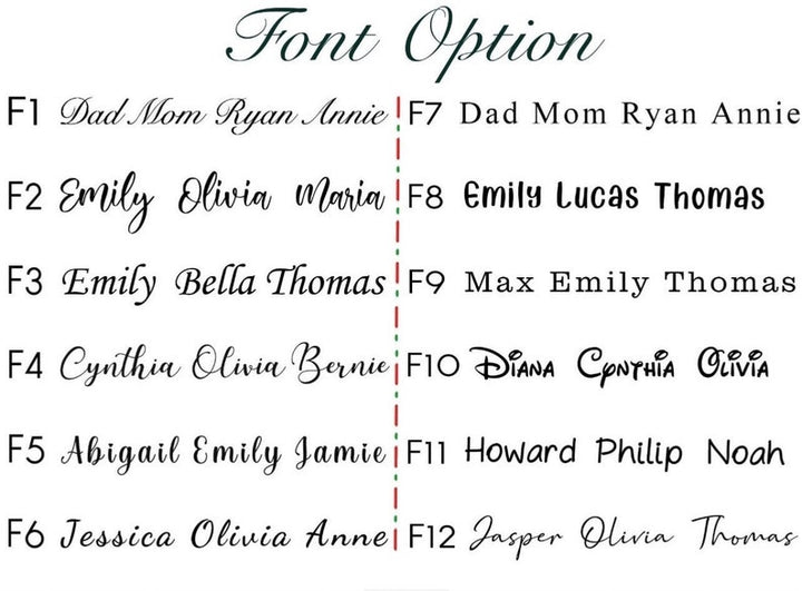 Font options chart for custom embroidery sweatshirts and hoodies