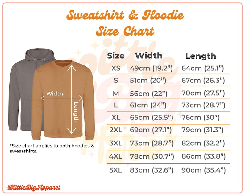 Unisex hoodie and sweatshirt size chart with chest, length and sleeve measurements