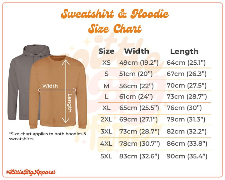 Unisex hoodie and sweatshirt size chart with chest, length and sleeve measurements