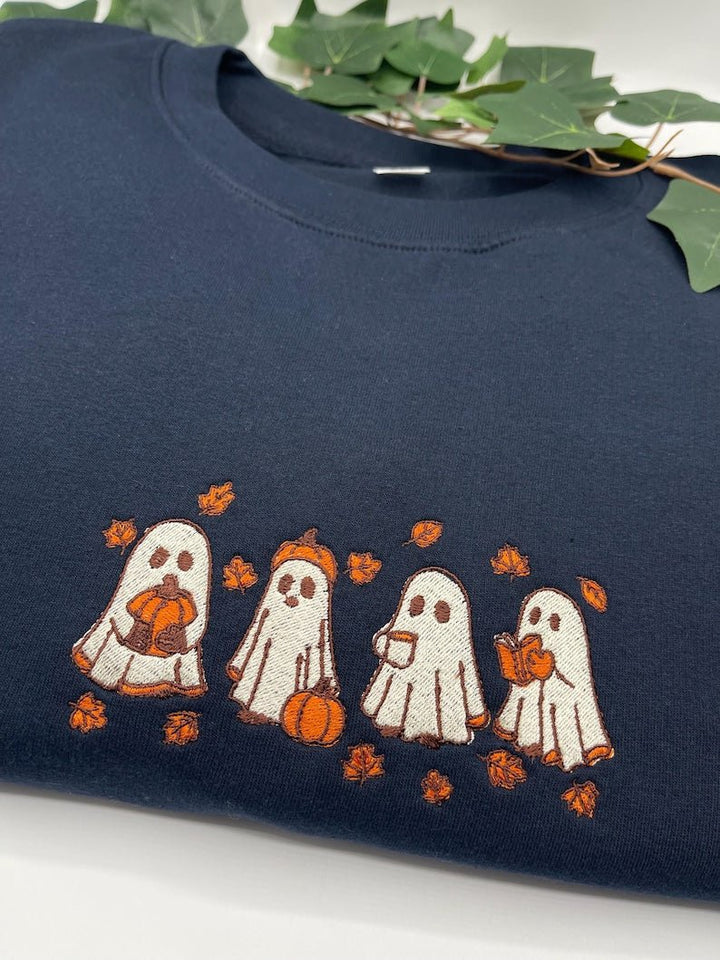 Navy sweatshirt with embroidered Halloween ghost pattern and pumpkins