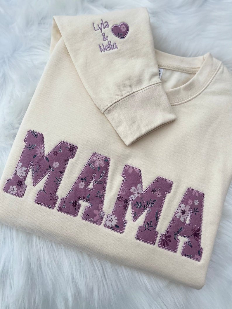 Milkshake sweatshirt with purple applique “MAMA” letters and embroidered kids’ names