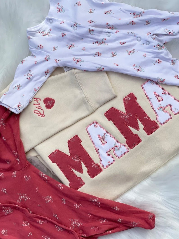 Milkshake sweatshirt with red applique “MAMA” letters and custom embroidered name
