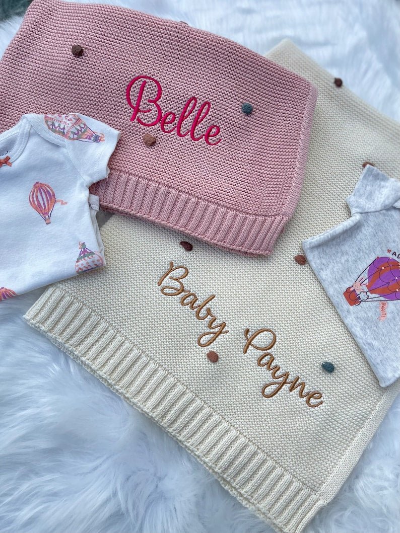Custom knit baby blankets with embroidered names Belle and Baby Payne, perfect newborn gifts