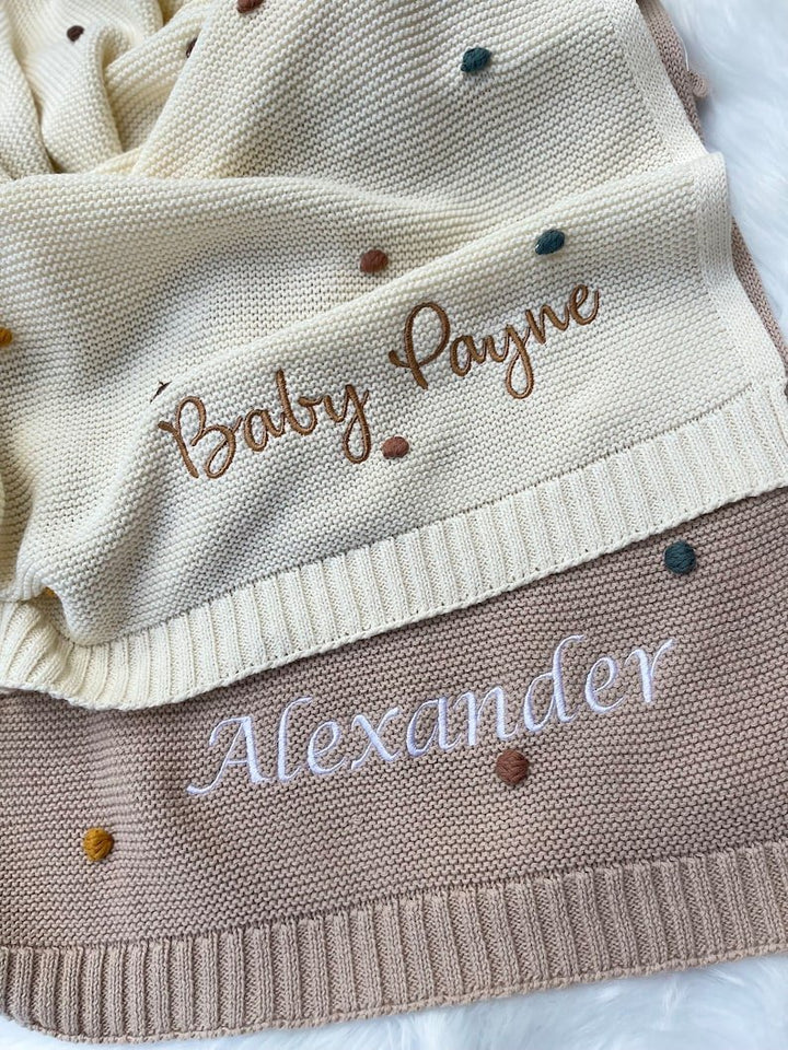 Personalised knit baby blankets with custom embroidered names Baby Payne and Alexander