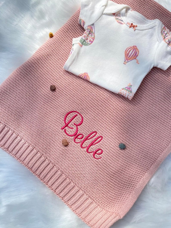 Personalised pink knit baby blanket with embroidered name Belle, newborn baby gift idea