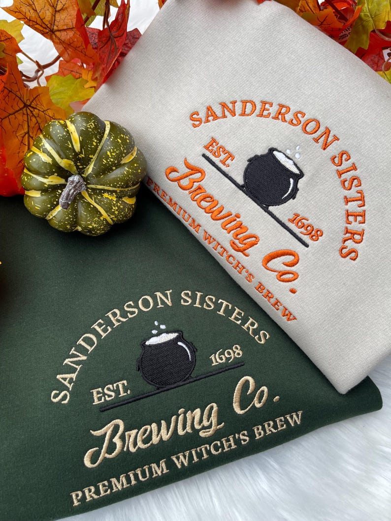 Sanderson Sisters Brewing Co embroidered sweatshirt in green and milkshake with pumpkin autumn decor