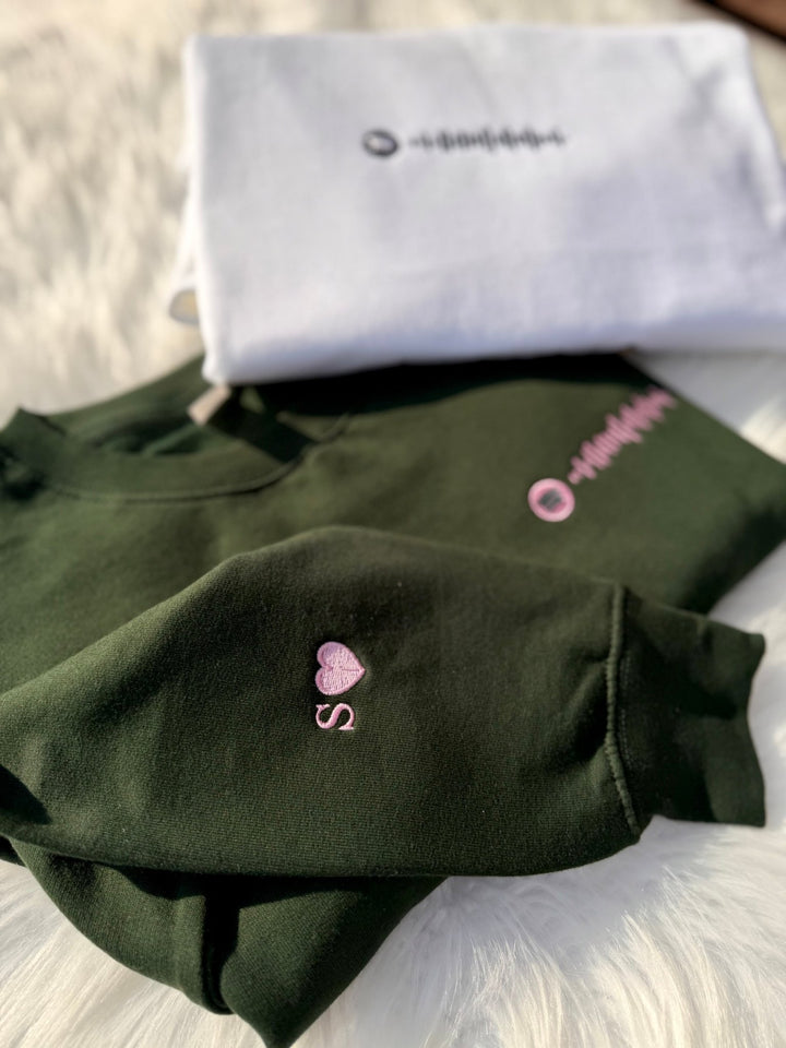 Close-up of sweatshirt sleeve featuring custom Spotify code embroidery